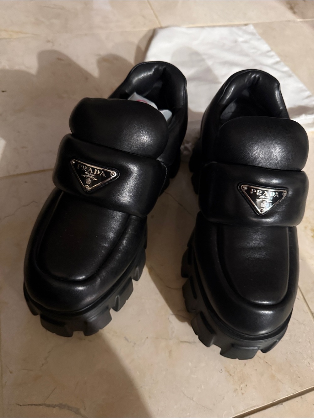 Prada Woman's Black Leather Slip-On Loafers, (runs a little snug)